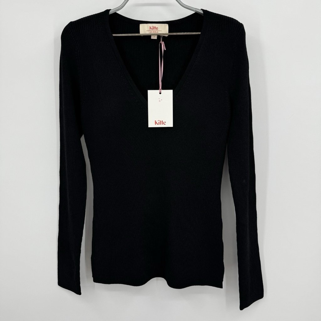 Kilte Collection The Marlee Rib Knit V-Neck Sweater Size 2 M Medium Black Rayon